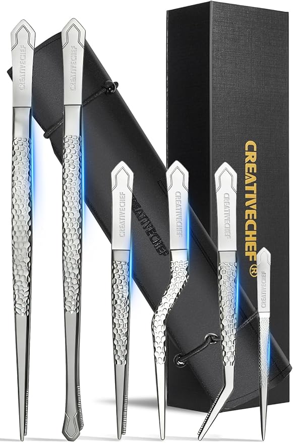 CREATIVECHEF Professional Kitchen Tongs Set - 10-inch Straight and 6.5-inch Offset Food tweezers with 4.5-inch Mini cooking tweezer，High-Hardness Titanium Chef's Tongs for Food Plating，Silver