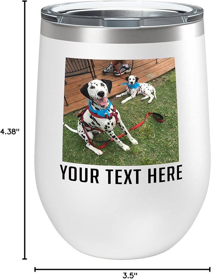 Personalized Mothers Day 12oz Photo Picture Printed Insulated Stainless Steel Powder Coated Stemless Wine Tumbler with Lid, Customized Mum Gift Idea for Her, Custom Mom Coach Gifts Team (White)