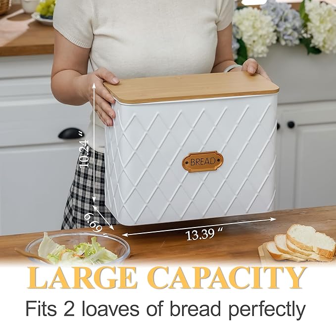 Extra Large Bread Box for Kitchen Countertop Corner Breadbox for Homemade Bread Metal White Rhombus Pattern Embossed Storage Container Bin with Bamboo Lid Fits 2 Loaves of Bread