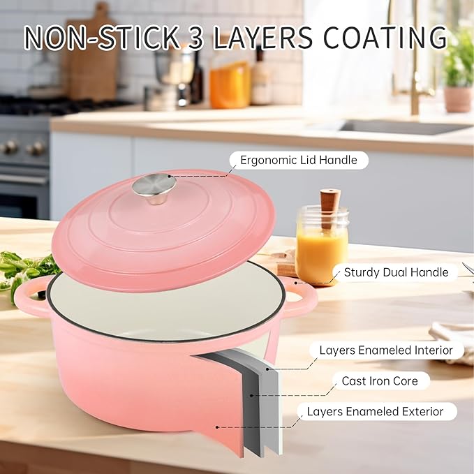 6 Quart Enameled Cast Iron Dutch Oven Pot with Lid, Oven Safe up to 500°F or on Stovetop, Non-stick Dutch Oven for Bread Baking, Cooking, Dual Handles Cookware, Pink