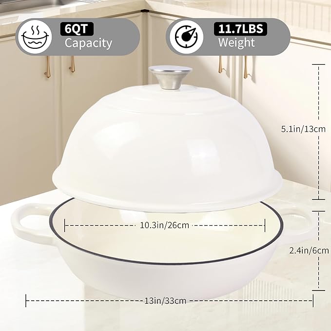 Dutch Oven for Sourdough Bread Baking, Enameled Cast Iron Dutch Oven Pot with Lid, Dome-Shaped Bread Dutch Ovens, 6 Qt, (White)
