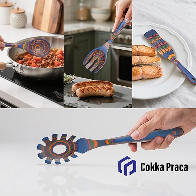 6-Piece Pakkawood Kitchen Utensils | Heat Resistant Pakkawood Utensils | Pakkawood Kitchen Cooking Utensil Set | Wooden Spoons for Cooking | Non-Sitck Cooking Spoons | Sapphire