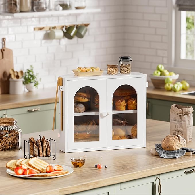 WOWLIVE Corner Bread Box for Kitchen Countertop, 2 Tier Bamboo Bread Storage Container for Homemade Bread with Clear Acrylic Door Panel, Large Bread Bin Farmhouse Breadbox Organizer (White, Medium)