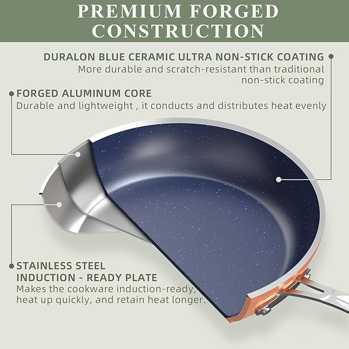 Nuwave 7pc Cookware Set Healthy Duralon Blue Ceramic Nonstick Coated, Diamond Infused Scratch-Resistant, PFAS Free, Oven Safe, Induction Ready & Evenly Heats, Tempered Glass Lids & Stay-Cool Handle