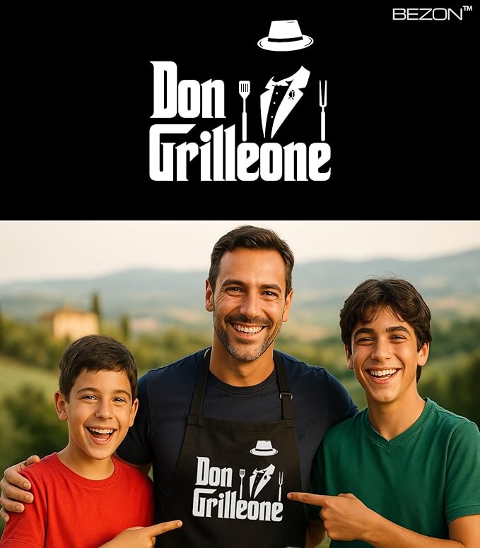 BEZON Funny Grill Apron for Men – Beer Can Gift Packaging – Hilarious BBQ Gift for Dad, Husband, or Friend – Heavy-Duty Water-Resistant Canvas – Don Grilleone