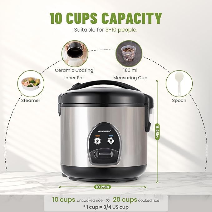 10-Cup Uncooked Rice Cooker & Food Steamer - Ceramic Coating Non-Toxic Inner Pot, One-Touch Multifunction for Rice/Sauté/Yogurt, Dishwasher Safe, 3-10 Family Size, Stainless Steel