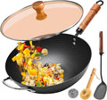 WANGYUANJI 12.6 Inch Iron Wok with Glass Lid and Iron Spatula, Flat Bottom Carbon Steel Wok Pan with Helper Handle, Non-Coated Stir Fry Pan for Induction, Gas and Electric Stoves