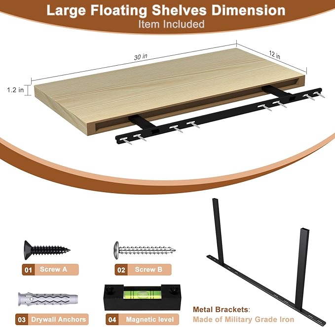 12 Inch Deep Floating Shelves for Wall 3 Pack Floating Shelfs Large Storage Space Wall Decor Display Shelf for Bathroom Living Room Bedroom Kitchen 30" W x 12" D x 1.2" H Natural Wood