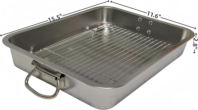 Generic Roasting Pan Stainless steel Roasting pan Turkey Roasting pan with grill Rectangular grill suitable for Turkey, roast chicken and ham (15.5x11.6x2.8in), Silver