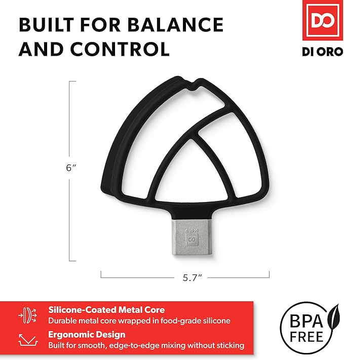 DI ORO Seamless Series Flex Edge Beater for KitchenAid Tilt-Head Stand Mixer - 4.5-5 Quart Flat Beater Paddle - Flexible Silicone Edges for Scraping & Mixing Bowls - Dishwasher Safe & BPA Free (Black)