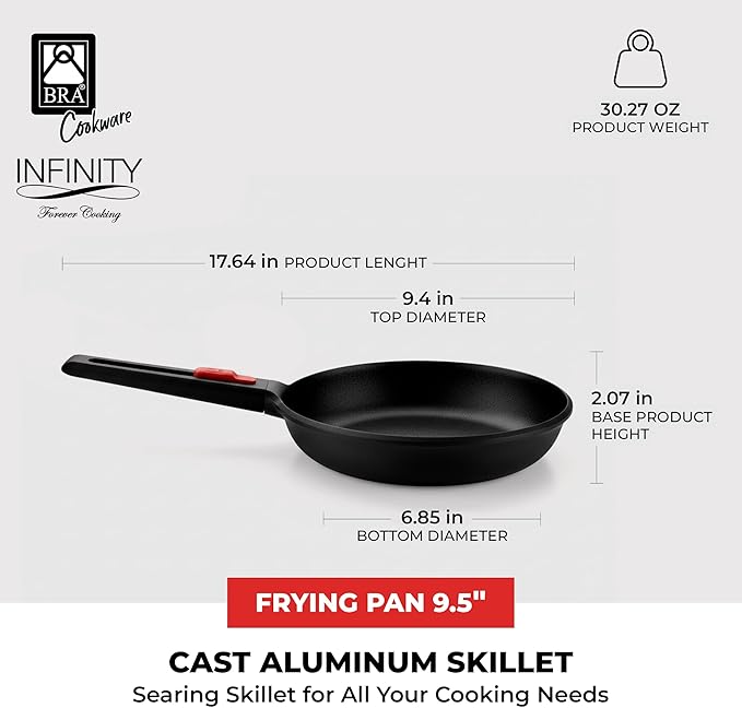 BRA COOKWARE Infinity Nonstick Frying Pan | 9.5-Inch Cast Aluminum Skillet | PFOA/PFAS Free Fry Pan | All Cooktops (incl Induction) Searing Skillet | Oven Safe up to 425°F (w/o Removable Handle)