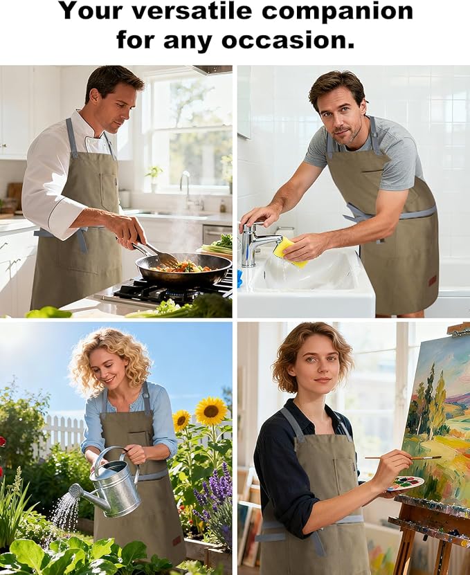 Womens Apron With Pockets Adjustable Shoulder Strap,Apron For Men 38.5" Extra-Long Straps Fit More Body Types,Chef Apron For Kitchen Garden Barbecue Woodworking