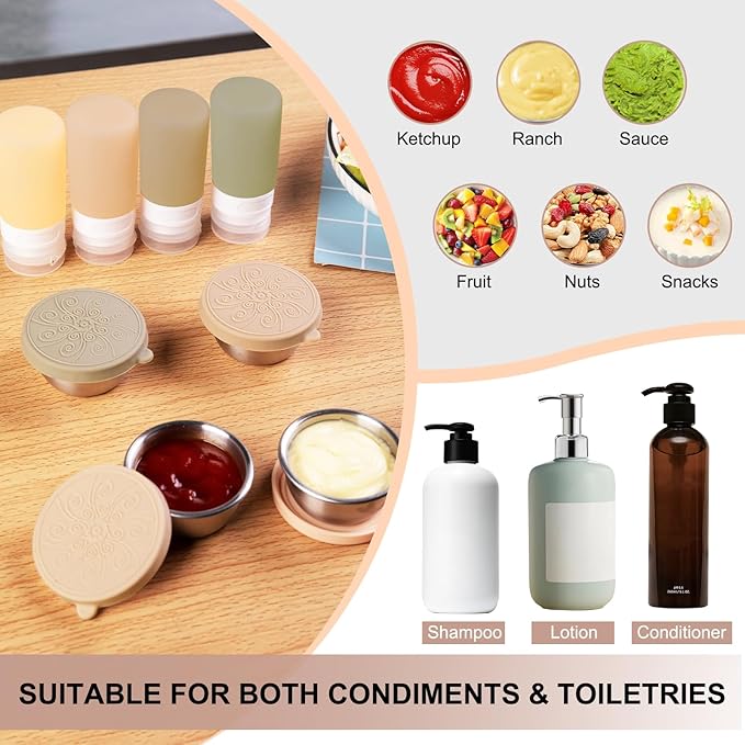 8-Pack Salad Dressing Container To Go, 2-oz Silicone Small Condiment Squeeze Bottles and 1.6 oz Stainless Steel Sauce Containers Cups, Leakproof Condiment Containers with Lids for Lunch Box