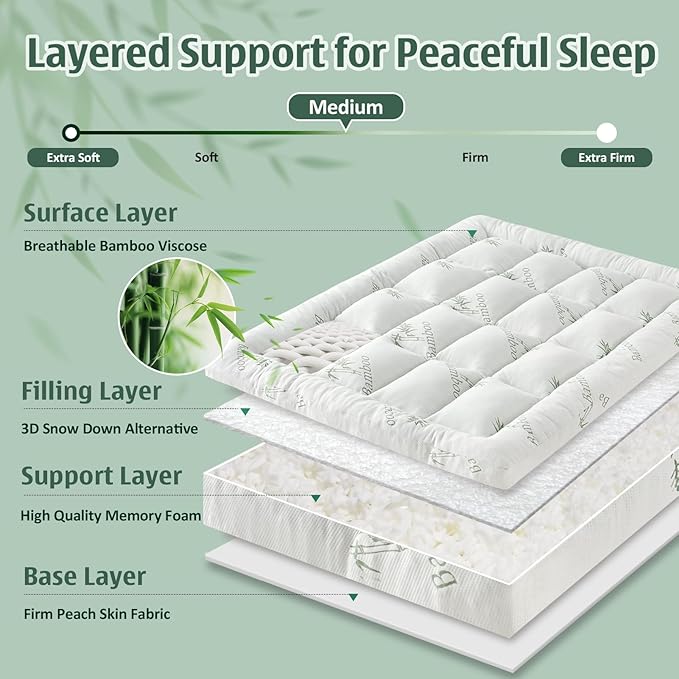 DOWNCOOL 3 Inch Memory Foam Mattress Topper Full – Cooling Pillow Top Mattress Topper for Back Pain Relief, with Bamboo Viscose Air Layer, 1700 GSM Fill, Deep Pocket Fits 8–21 Inch