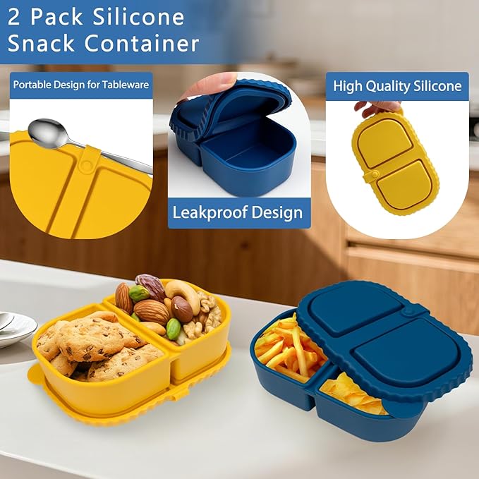 Portable 8.5oz Silicone Snack Boxes with Lids (2 Pack) - Double Compartment Reusable Containers for Snacks, Sauce, Dip | School, Office & Picnic Use (Multi-Color)