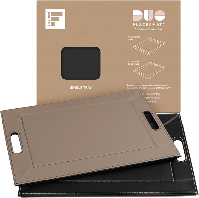 PLACEsMAT 2-in-1 Faux Leather Placemat & Serving Tray | Reversible Design, Lays Flat & Easy to Clean | Ottoman Food Tray, Perfect Housewarming Gift, 18” x 14” (Black & Mocha, Single)