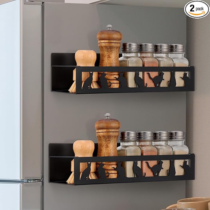 2 Pack Black Cat Magnetic Spice Rack for Refrigerator Metal Magnet Basket Shelf for Fridge Seasoning Storage Organizers Home Decor Kitchen Accessories (Black)