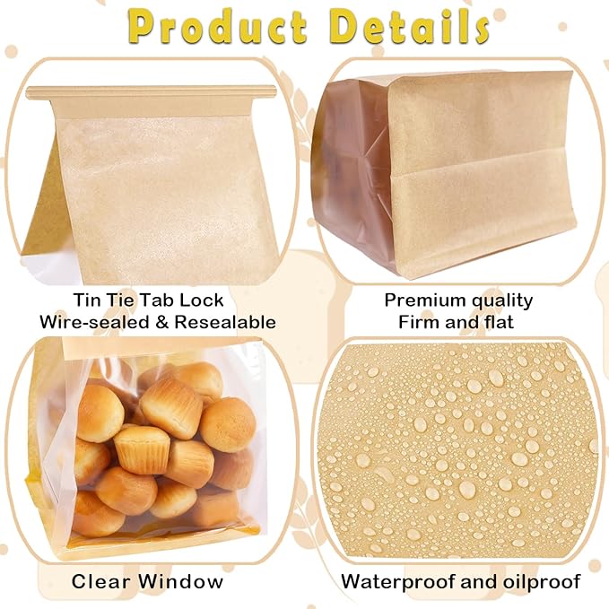 50PCS Paper Bread Bags, Bread Bags for Homemade Bread with Tin Tie Lock,Sourdough bread bags with Window,Bakery Bags for Bread,Sourdough,Cookie,Muffin,Bagels(5.1 x 3.9 x 11 Inches)