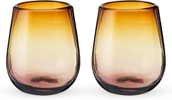 Twine Living El Ocaso Hand Blown Wine Glasses, Recycled Mexican Glassware with Sunset Inspired Yellow and Purple Gradient, Stemless Drinking Glasses for Wedding Gifts, Wine Lovers, 13 oz Set of 2