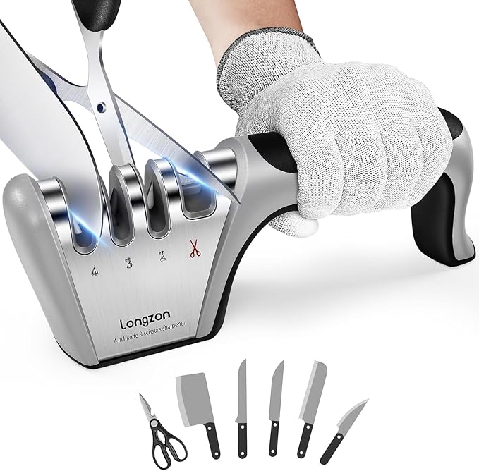Longzon 4-in-1 Knife Sharpener [4 Stage] with a Pair of Cut-Resistant Glove, Original Premium Polish Blades, Best Kitchen Knife Sharpener Really Works for Fruit Knife and Steel Knives, Scissors