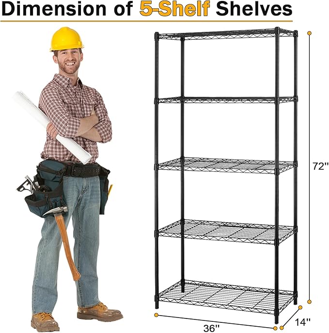 5-Shelf Metal Shelving Adjustable 1250Lbs Capacity, Storage Shelves for Garage Laundry Bathroom Kitchen Pantry Closet, NSF Certified Steel Organizer Wire Rack,Black, 72" H x 14" D x36 W