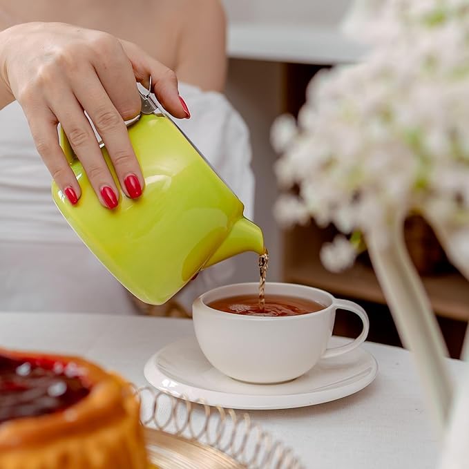 ORNA Ceramic Teapot with Tea Infuser – Small Tea Pot for Loose Leaf Tea – 550ml / 18.6 Oz Porcelain Non-Stove Teapot for 2 Cups with Tea Strainer (Lime)