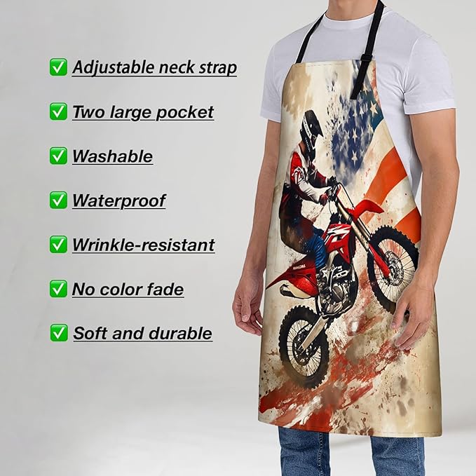 Dirt Bike Apron for Women, 28x33in, Kitchen Chef Aprons with 2 Pockets, Polyester, Motocross American Flag Apron for Cooking BBQ Baking Gardening Chef, Gifts for Mom Wife Dad
