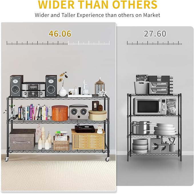 Karl home 3-Tier Adjustable Metal Storage Shelves, Wire Shelving Unit with Wheels & Leveling Feet, Heavy Duty Garage Shelving, Pantry & Kitchen Display Shelf Organizer, Home Storage Rack