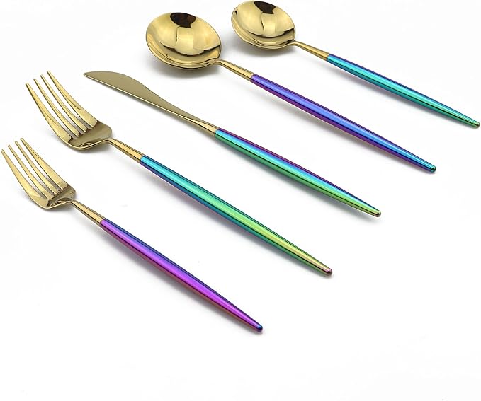 20-Piece Coloful Rainbow Handle Gold Flatware Set, Mirror 18/10 Stainless Steel, Service for 4