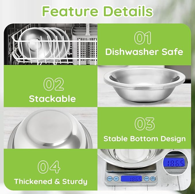 304(18/8) Stainless Steel Mixing Bowls for Kitchen, 10 Pack 8.7" 34.88 fl.oz Metal Mixing Bowls Set Stackable for Baking Serving Cooking Food Prep Storage Dishwasher Safe Heavy Duty