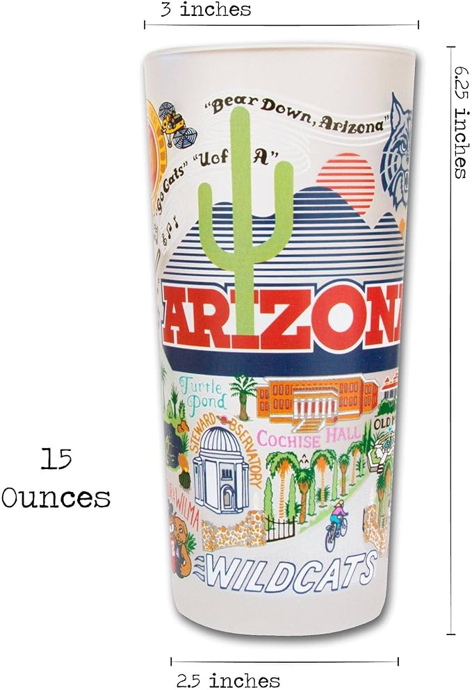 Catstudio Drinking Glass, University of Arizona Glass Cup for Kitchen, 15oz Dishwasher Safe Tumbler for UA Alumni