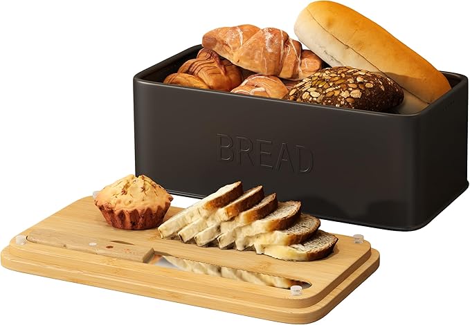 FILWH Metal Bread Box with Bamboo Cutting Board Lid, Bread Box with Bread Knife for Kitchen Countertop Countertop Storage for Homemade Bread, Bagels & Muffins (Black, M)