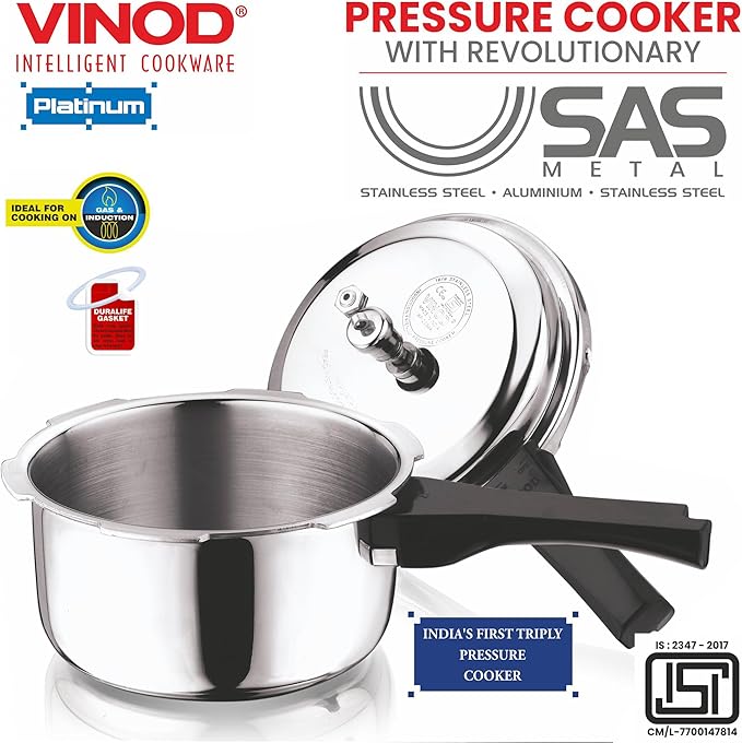 Vinod Platinum Triply Stainless Steel Outer Lid Pressure Cooker102 oz Capacity - ISI Certified, Silver, Induction Friendly, Pressure Cooker for Home Cooking