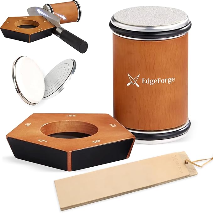EdgeForge™ Rolling Knife Sharpener 5 angles Knife Sharpening Kit with Leather Strop and Two Extra Diamond & Stainless Steel Disc Rolling Knife Sharpener Kit Offers (12,15,17,19,22°) for Straight Edge
