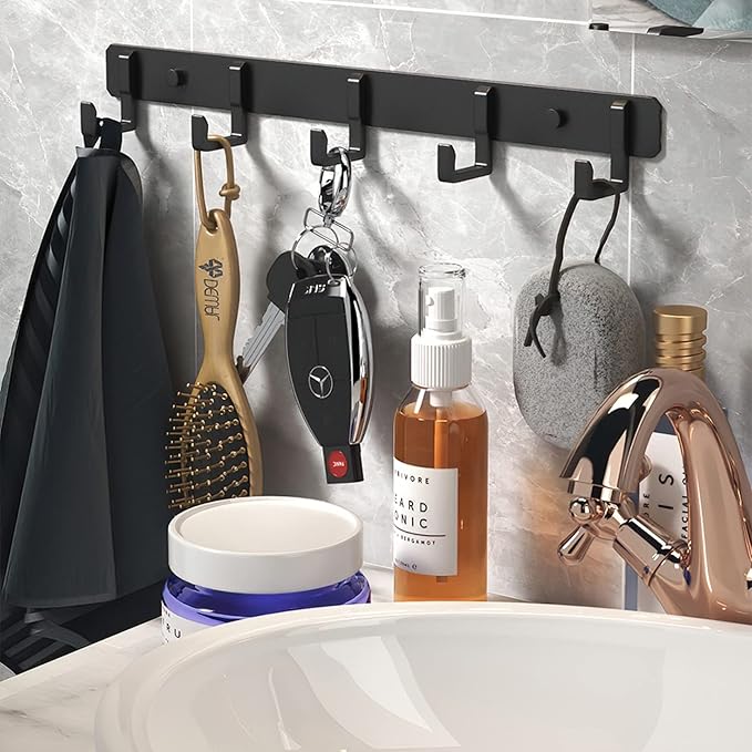 LUYU Matte Black Aluminum 5-Hook Wall Rack - 35lb Total Capacity Bathroom Organizer with Universal Anchors, 14" Space-Saving Design for Towels & Keys (2 Pack)