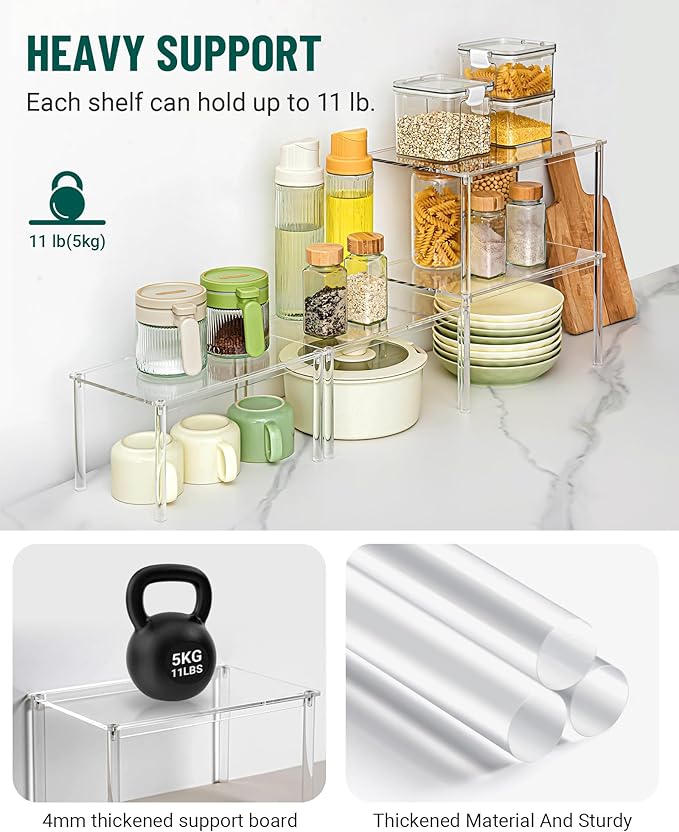 Acrylic Cabinet Organizer, Set of 2 Shelf Organizer, Spice Rack Organizer for Cabinet, Desk Countertop Organizer, Stackable Shelves for Pantry Kitchen Storage and Organization