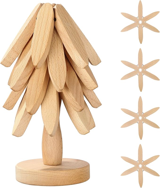 Wooden Trivets for Hot Dishe, Tree Shape Trivet Set, 4 Wooden Trivet + 1 Stand Stored Like a Christmas Tree, Beech Wood Trivets for Hot Pots, Teapot, Practical on The Kitchen Counter Christmas Deco