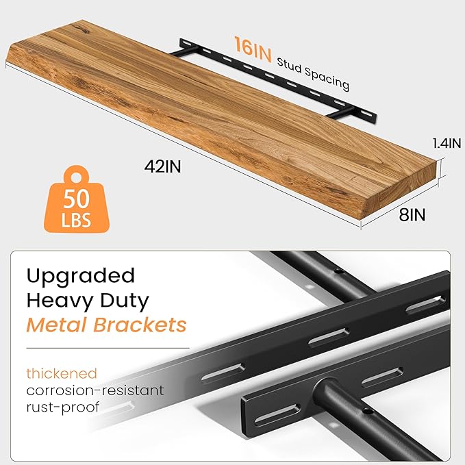Fun Memories Floating Shelves for Wall Set of 2, Rustic Solid Elm Wood Wall Shelves 24 Inch - Invisible Bracket Mount for Living Room, Bathroom, Bedroom, Kitchen, Natural