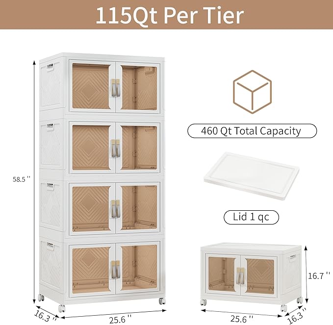 Large Stackable Storage Bins with Lids, 460QT-115QT*4Pack Foldable Cabinet for Closet Organizers, Plastic Storage Containers Box with Wheels