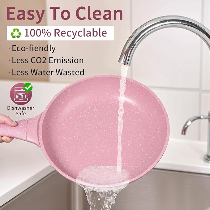 10 Inch Non Stick Frying Pans with Lid - 100% PFOA PFAS Free, Super Nonstick, All Stovetop Compatible Induction Gas Electric, Omelette & Egg Pan, Dishwasher Safe, Eco-Friendly Pink Pan