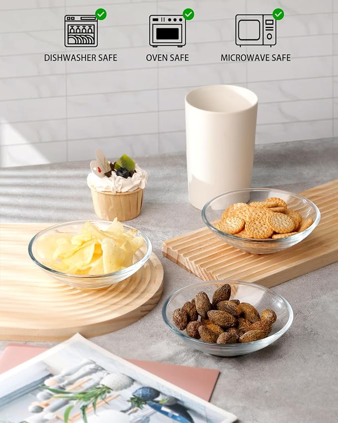 NUTRIUPS 3 Pack 5 inch Tempered Glass Snack Dishes, 5oz Small Dip Bowls, Small Candy Dishes, Mini Prep Bowls