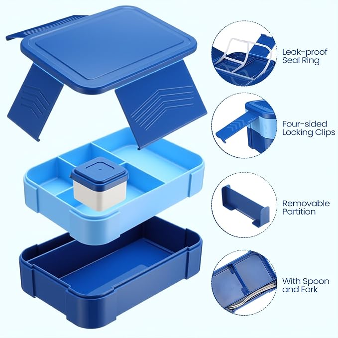 6-compartment Bento Box, 50oz Lunch Container with Utensils & Sauce Cup, Microwave & Dishwasher Safe, Leakproof Lunch Box for Adults Men Women(Royal Blue)
