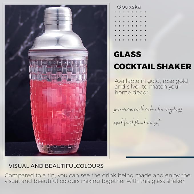 Cocktail Shaker Set- Includes Jigger, Mixing Spoon, and Muddler - Perfect for Home Bar Accessories, Perfect for Making Cocktails and Protein Shakes(Sliver)