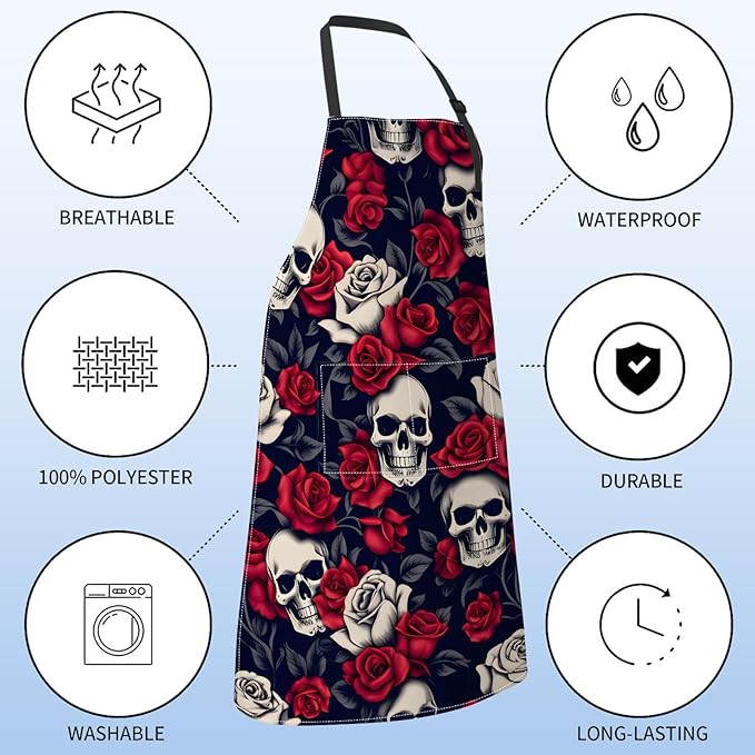 Gothic Skull Apron for Women with Rose,28x33in,Goth Kitchen Aprons with 2 Pockets, Oxford Fabric,Bold Halloween Adjustable Apron for Cooking Baking Gardening Chef,Gifts for Mom Wife