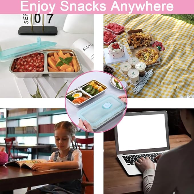 3 Pack Stainless Steel Snack Containers, Meal Prep Containers, Metal Bento Lunch Box with 2 Compartments, Dishwasher-Safe, Reusable Grab and Go Snack Containers with Lids for Travel, Office, Camping