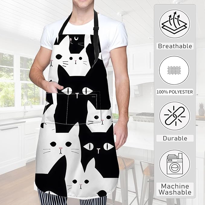 Black and White Cat Apron,Oxford Fabric Adjustable Kitchen Apron with 2 Pockets,Waterproof Cooking Aprons for Men Women Mom Wife Dad,Ideal Gifts for Coffee House,Shop,Baking,BBQ,28x33in