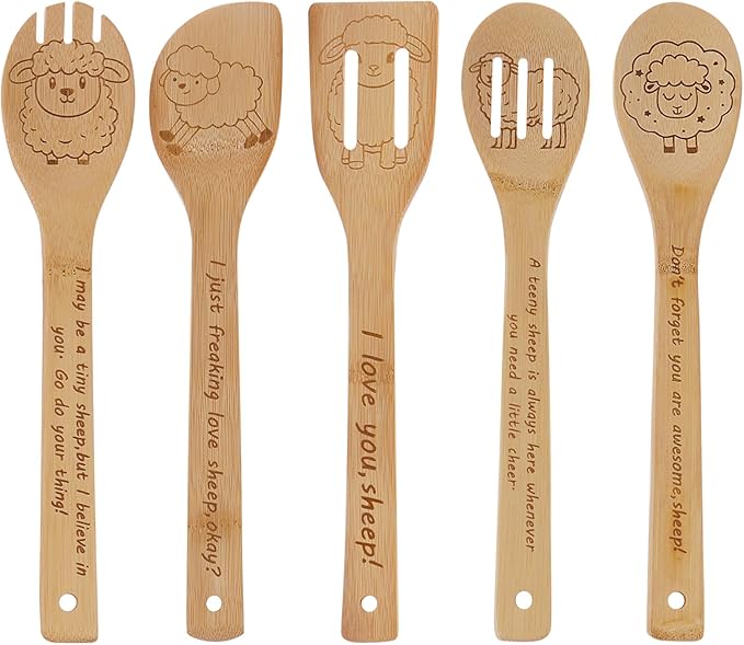 5PCS Sheep Wooden Cooking Spoons Set Sheep Gifts for Women Kitchen Decor Bamboo Cooking Utensil Spoons for Housewarming Wedding Anniversary Thanksgiving Christmas Gifts Mom Women