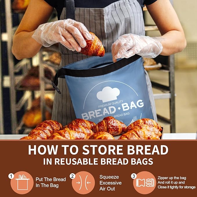Bread Bags for Homemade with Beeswax Wrap - Zipper Reusable Bread Bag for Sourdough 2-Pack, Large Reusable Food Storage Bag to Keep Sourdough Fresh, Freezer-Safe, Eco-Friendly (Blue&Grey)