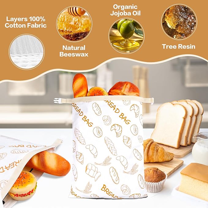 2 Pack Beeswax Bread Bag Reusable Bag for Sourdough, Extra Large Bread Bags for Homemade Bread, Cotton Bread Storage Bag for Keep Fresh