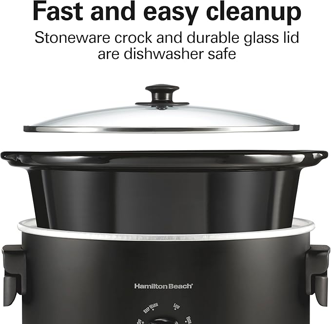 Hamilton Beach 7 Quart Slow Cooker with Space-Saving Folding Handles, 3 Heat Settings, Dishwasher Safe Stoneware Crock and Glass Lid, Black (33174)